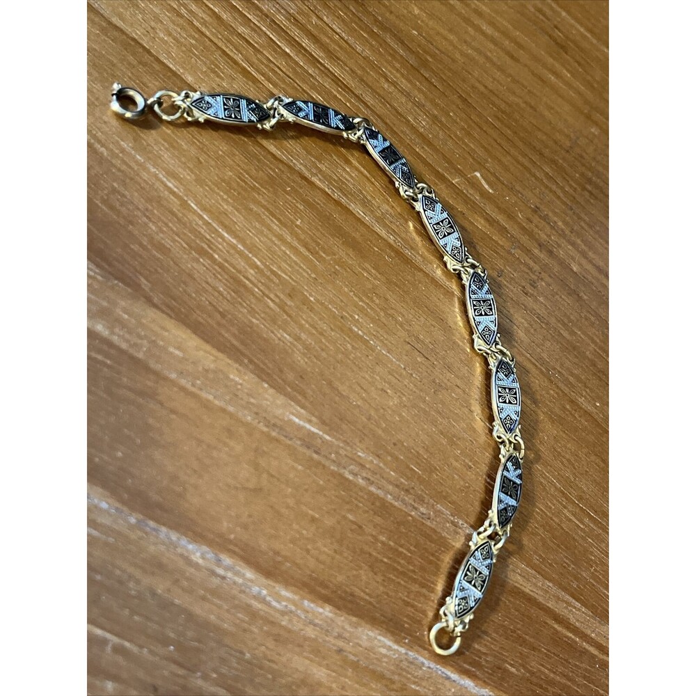 Vintage Spanish Damascene Enamel Gold-tone Bracelet 1960s 7 “
